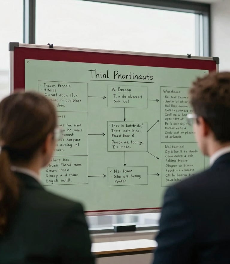 Over-the-shoulder view of an executive workshop, natural side-lighting from large windows, sharp focus on physical process mapping board with handwritten notes, deep crimson and muted forest green tones, 35mm.