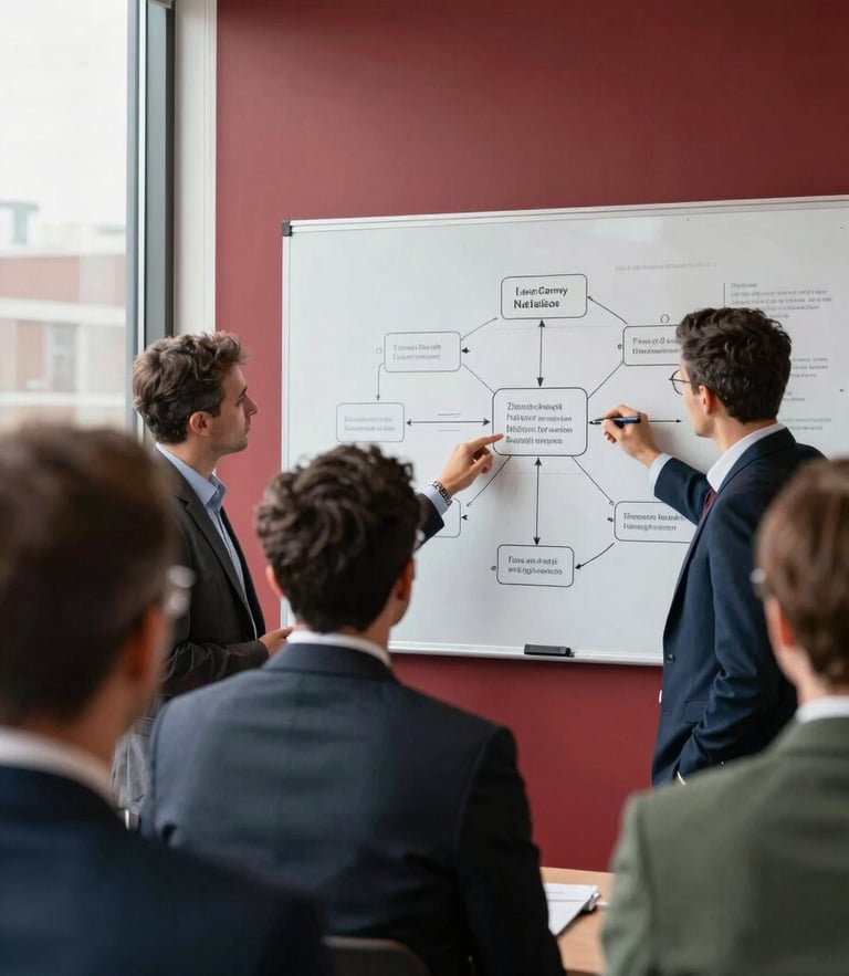 Over-the-shoulder perspective of a focused leadership workshop, natural window side-lighting, professional executives analyzing a process map on a wall, rich crimson accents, sharp focus, 35mm