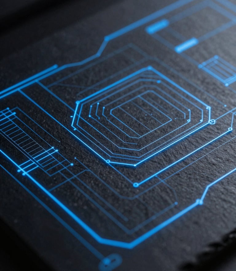 Stark high-contrast extreme close-up of a high-fidelity UI wireframe interface with glowing blue vector lines on a dark slate background, cool diffused backlighting, geometric precision