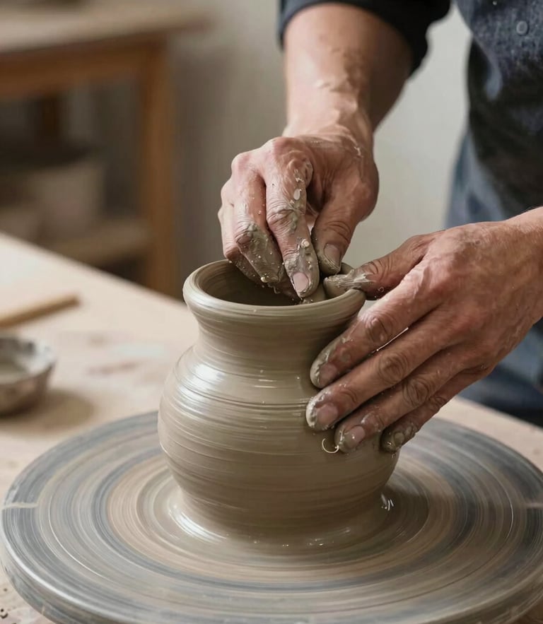 Close-up of artisan hands carefully shaping a raw clay vessel on a wooden studio worktable, soft north-facing studio light.