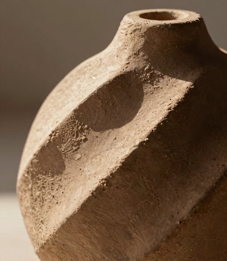 Macro photograph of textured terracotta clay sculpture, harsh desert sunlight casting dramatic shadows across geometric ridges, minimalist background.