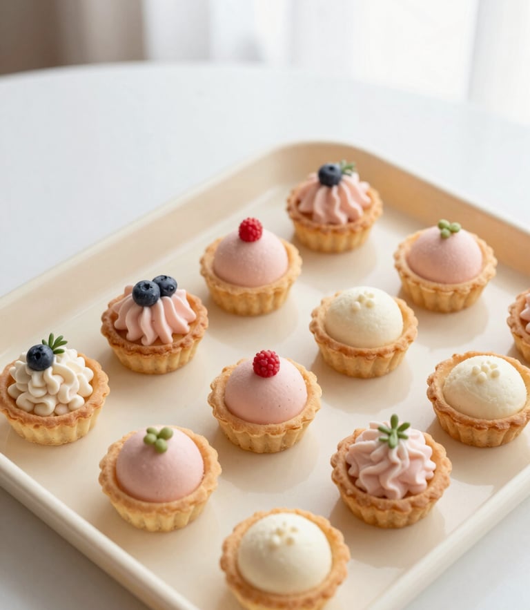Top-down overhead shot of neatly arranged miniature tarts and pastries on a pastel cream tray, soft natural window light, blush tones