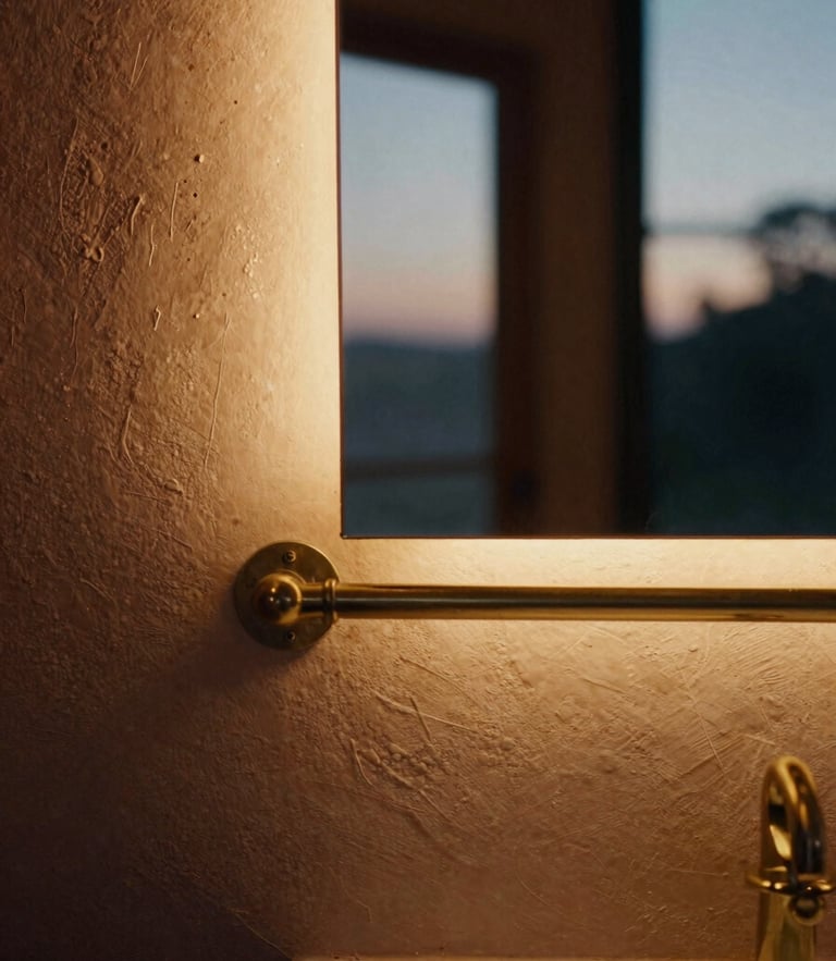 An illuminated brass vanity mirror bar casting a soft morning daylight wash on a textured plaster wall, twilight ambient light, medium format film, rich amber tones.