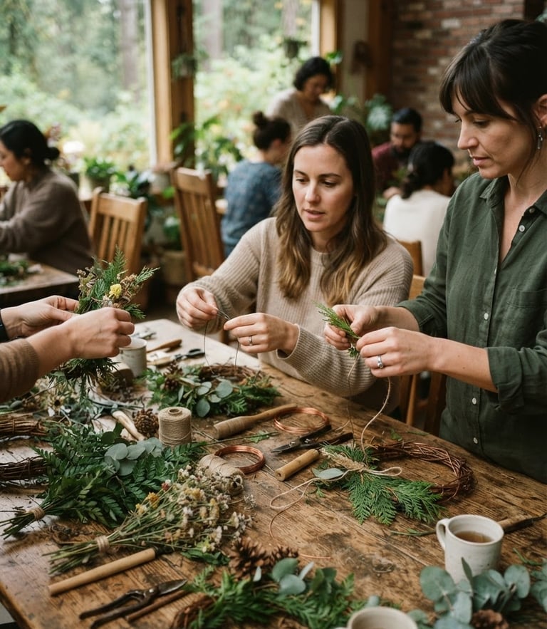 Candid medium shot of hands collaborating over a wooden table during a community workshop, soft overcast natural light, warm editorial style