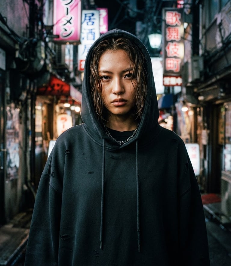 gritty urban fashion photography, neon night lighting, close-up of a model wearing a dark oversized streetwear hoodie in a neon-lit Tokyo alley, 35mm film grain
