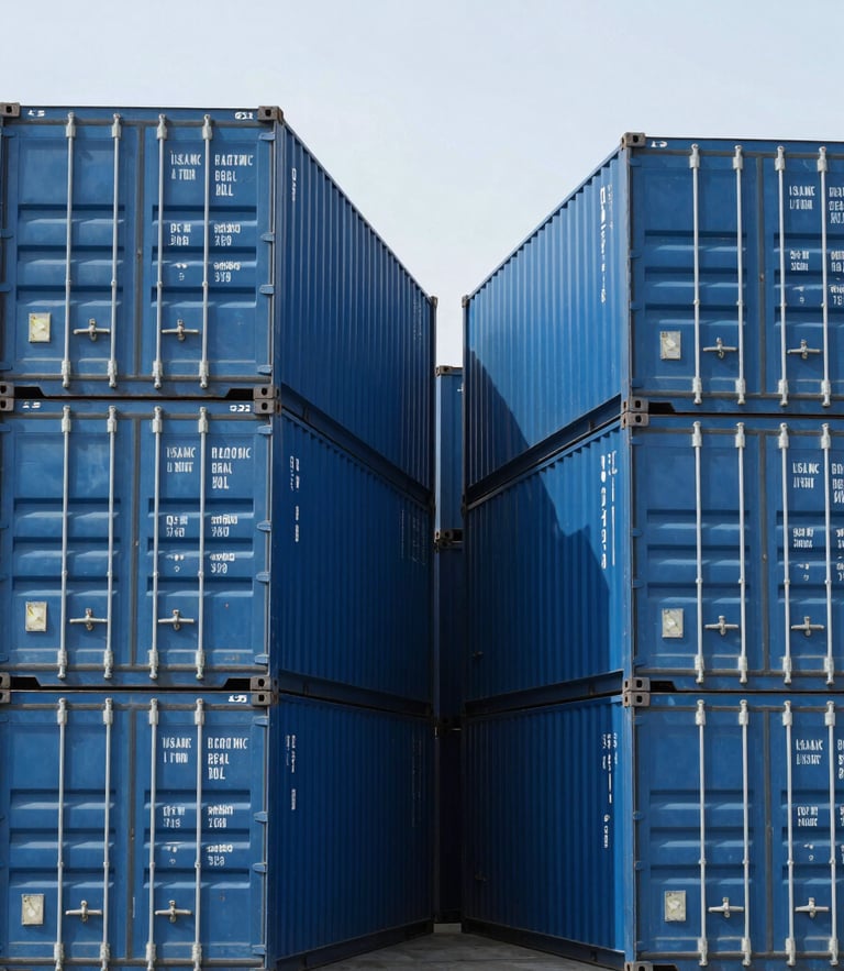 Wide-angle daylight shot of modern blue shipping containers stacked symmetrically at Jeddah Islamic Port, clean lines, high contrast