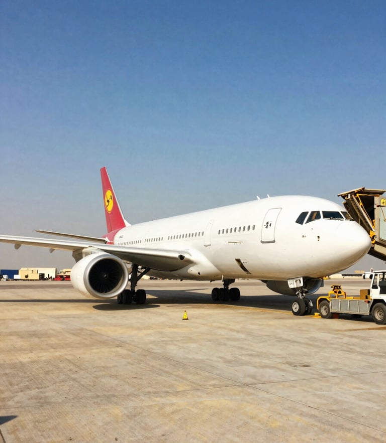 Wide environmental shot of a cargo plane loading at Deira cargo hub in Dubai under bright natural daylight, 35mm documentary photography