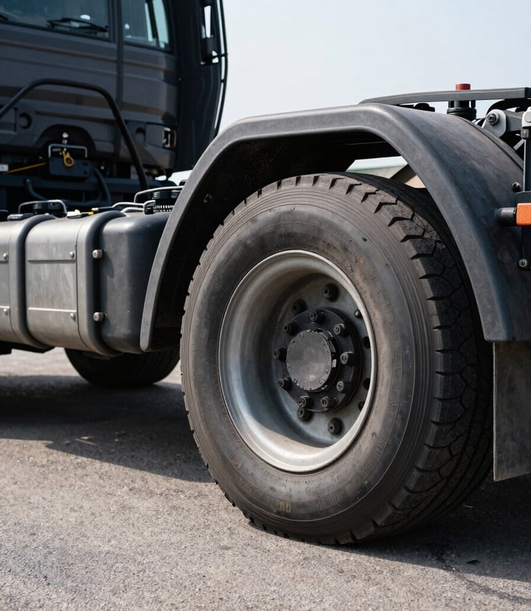 Close-up of industrial heavy cargo truck wheels and robust chassis parked on clean asphalt, bright daylight, high contrast