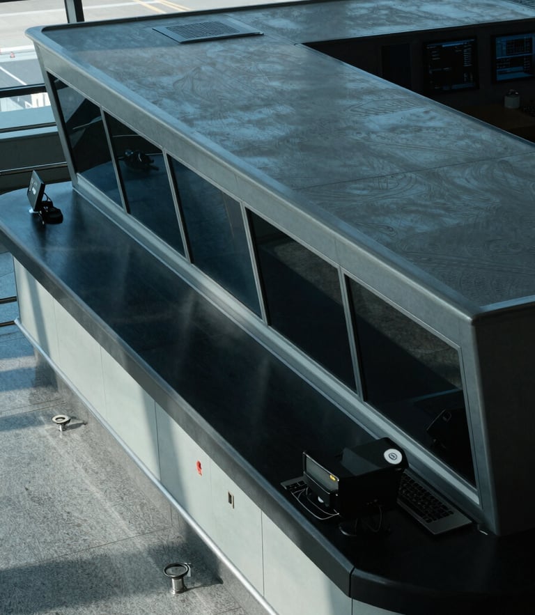 High-angle architectural shot of an airport terminal control room, cool daylight, sharp technical details, blue and slate gray tones, high contrast, 35mm