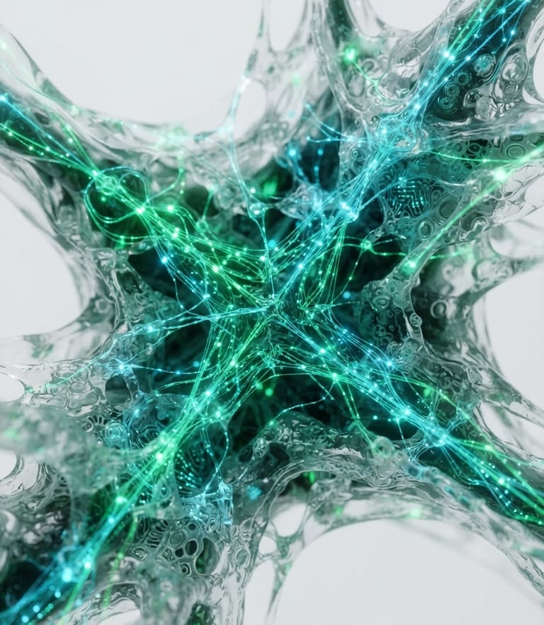 Macro shot of digital-organic hybrid, glowing emerald and cyan data networks on a minimalist white background, high-tech scientific aesthetic, 8k