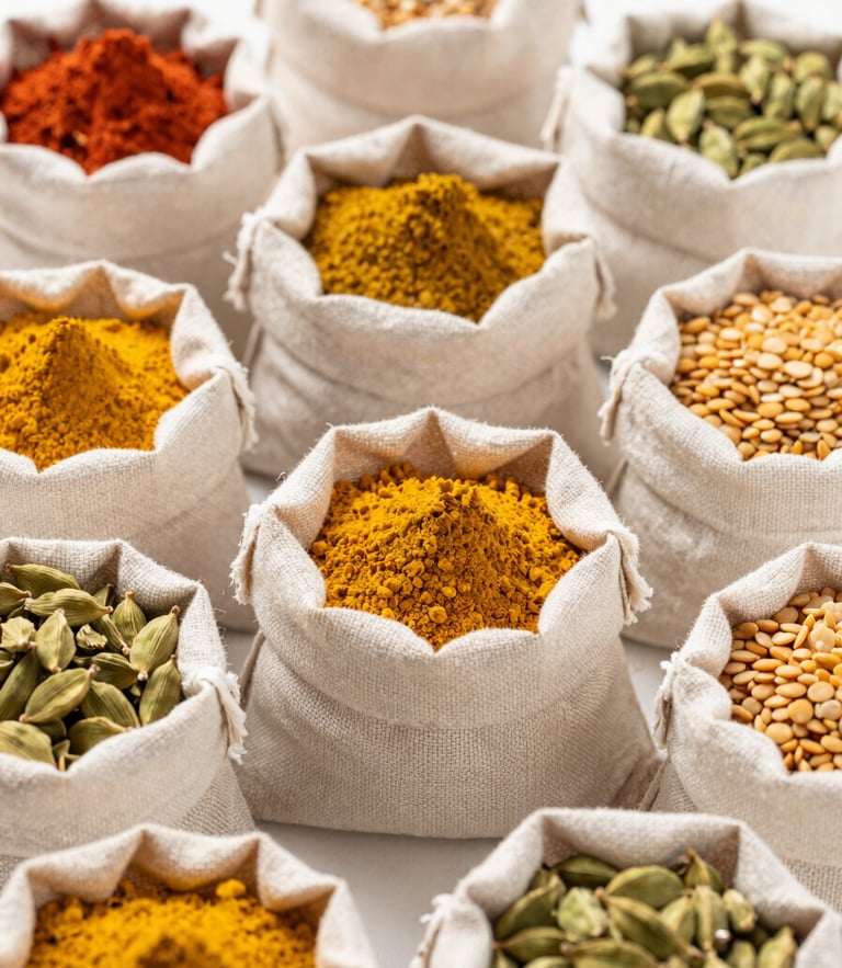 Bright editorial overhead flat-lay of sorted premium Indian spices and pulses in clean jute sacks, rich saturated turmeric gold and deep green cardamom tones, sharp focus, shallow depth of field, natural daylight