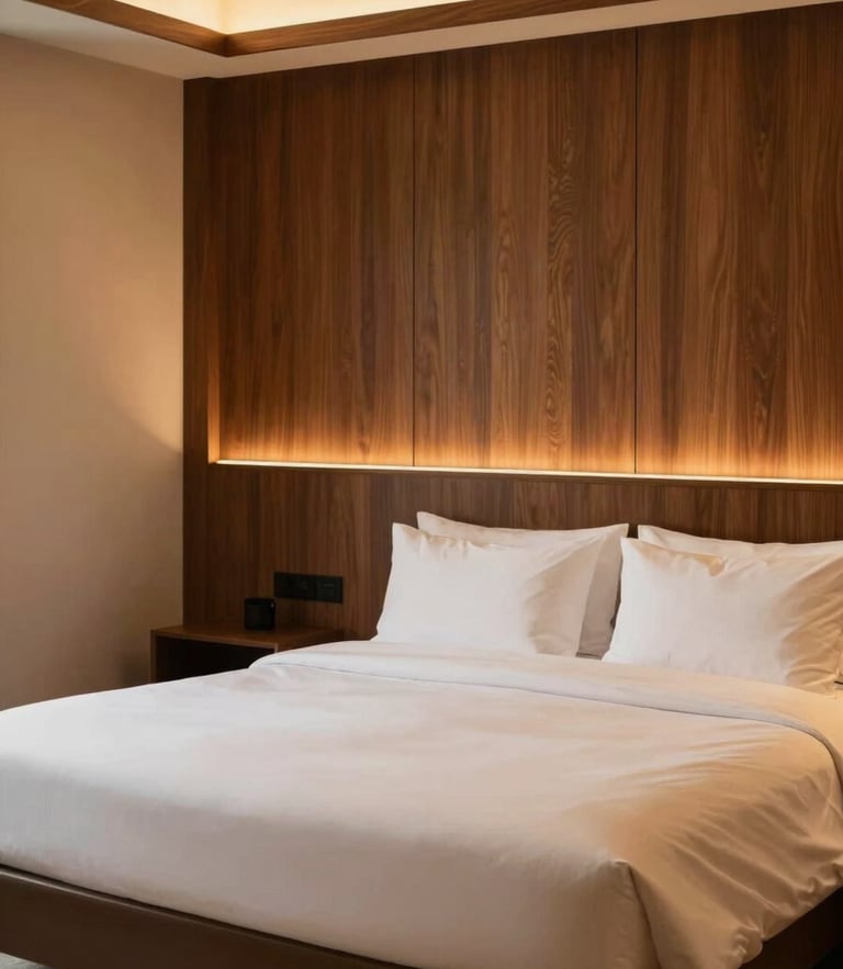 Warm editorial photography of a beautifully lit boutique hotel room with rich wood accents and crisp white linens, soft amber ambient light, 35mm
