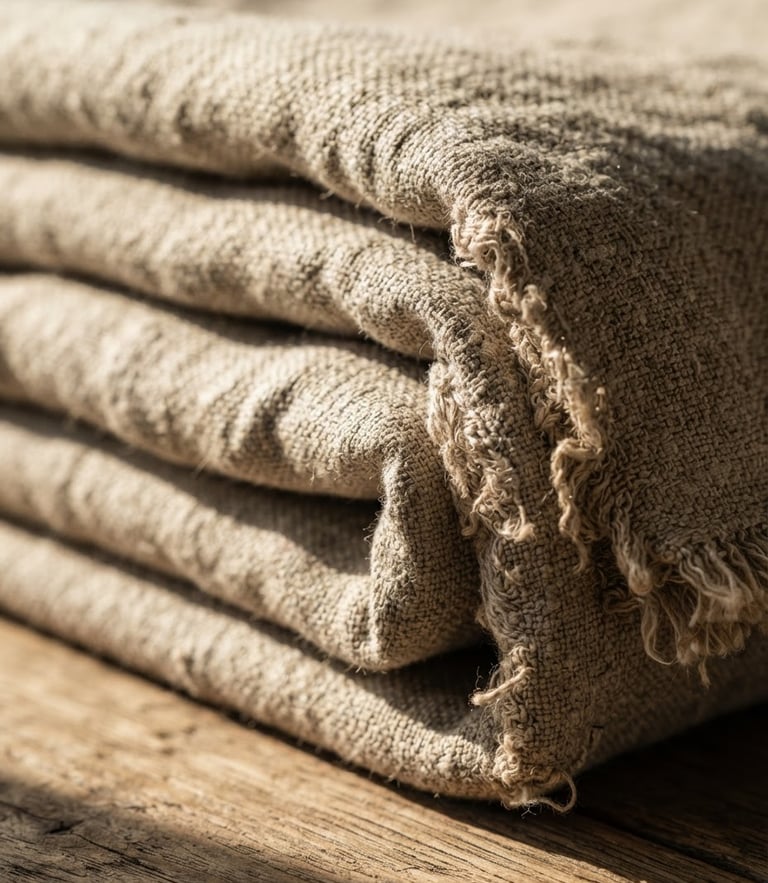 Extreme close-up of folded raw Belgian linen quilts, showing heavy-weave texture and raw selvedge edges under warm afternoon window light casting long shadows