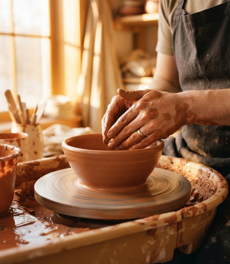 Close-up of hands shaping a terracotta clay bowl on a spinning potter wheel, warm golden-hour light streaming through a window, clay splatters, cinematic 35mm film.