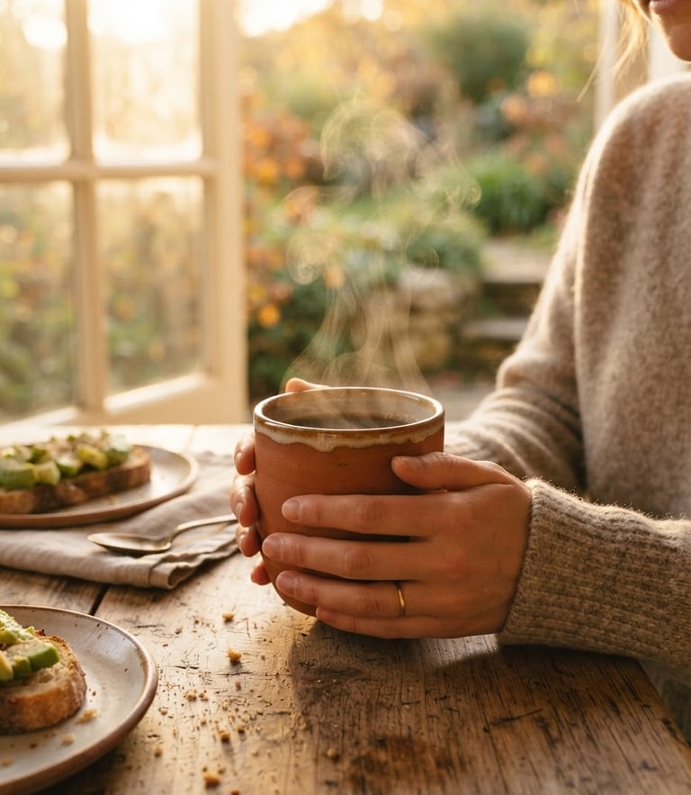 A cozy breakfast setting with steam rising from a warm terracotta mug, soft golden hour sunlight streaming through a window, shallow depth of field, 35mm film.