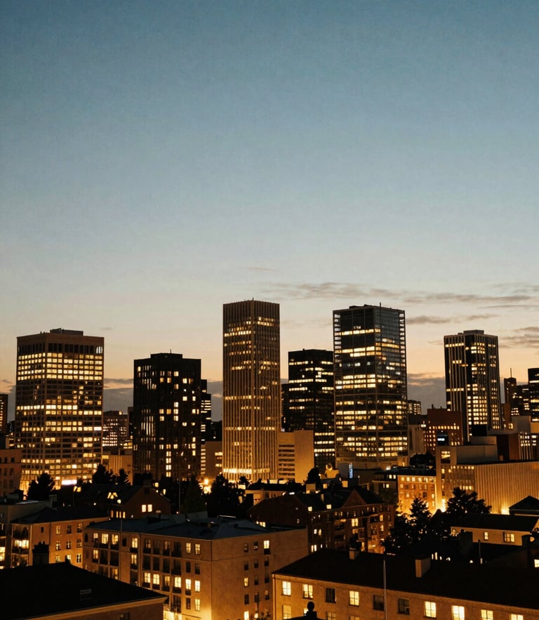 Wide environmental cityscape at dusk, twilight blue sky meeting a soft golden horizon, warm glowing windows of city buildings, 35mm warm editorial photography.