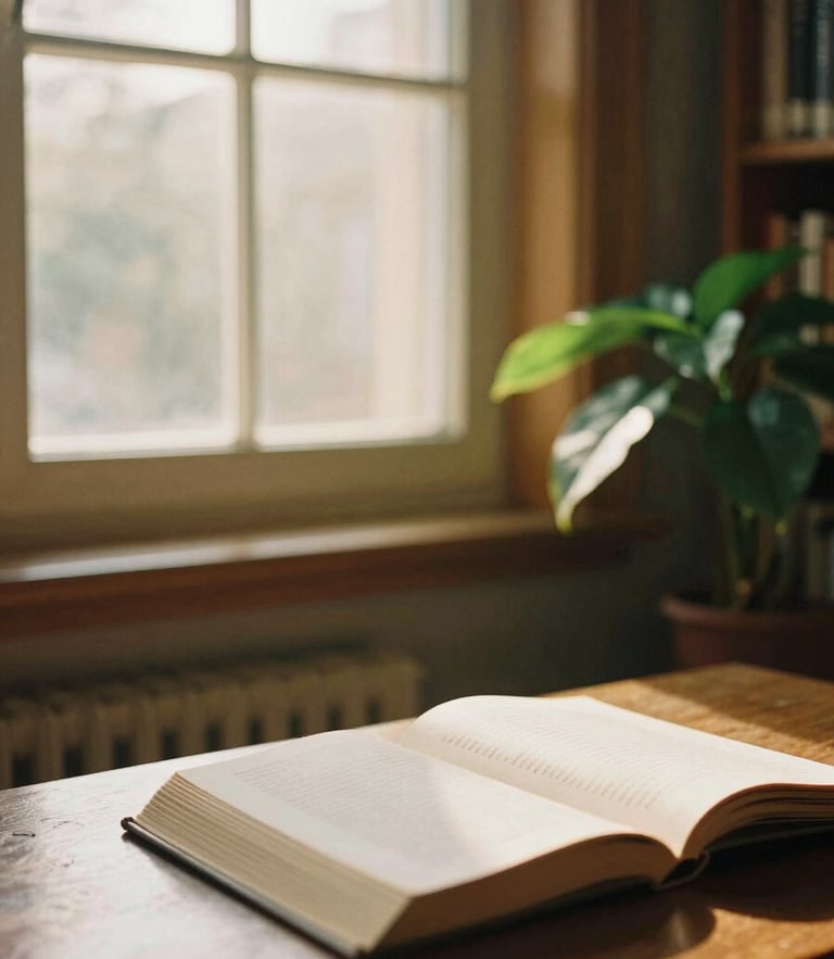 A warm, natural golden-hour window light illuminating a quiet library table with open books and a green plant, 35mm film look