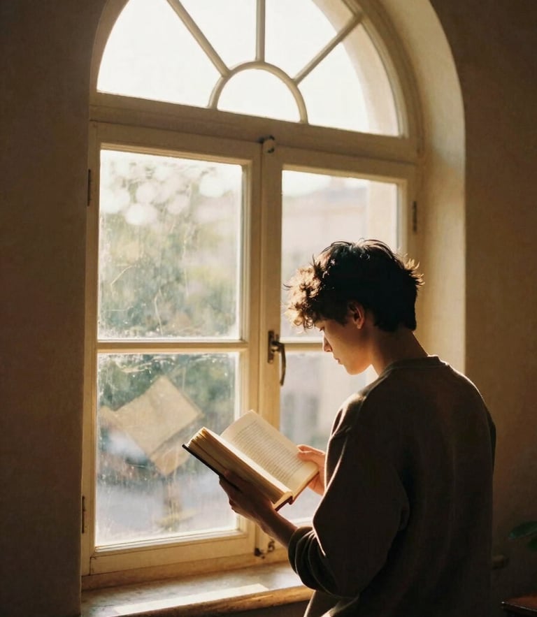 A student reading a heavy book by a tall arched window, warm natural golden hour light, rich organic tones, shallow depth of field, 35mm film look.