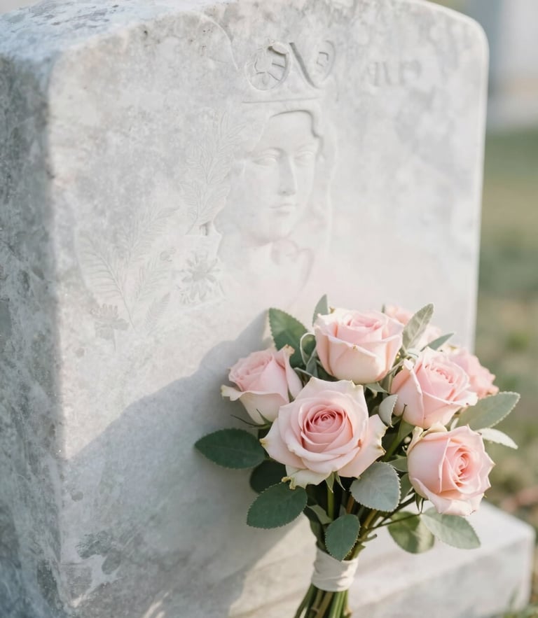 Close-up of a perfectly cleaned white marble headstone, soft morning light, a delicate bouquet of pale pink roses and sage green foliage placed gently on the side, shallow depth of field, 35mm