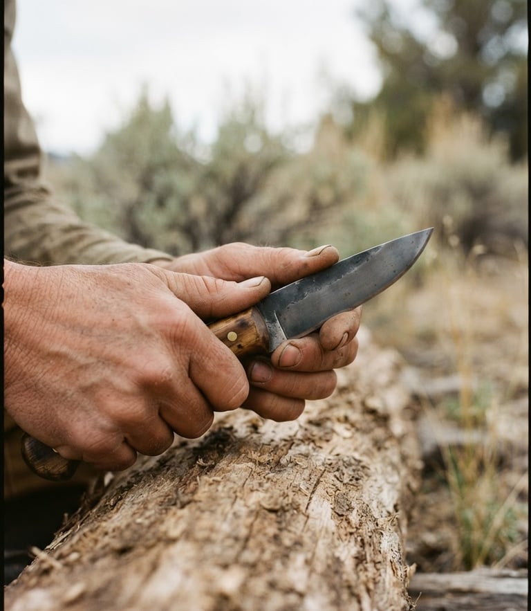A close-up of weathered hands holding a finely crafted carbon steel knife over raw timber, soft overcast high-desert daylight