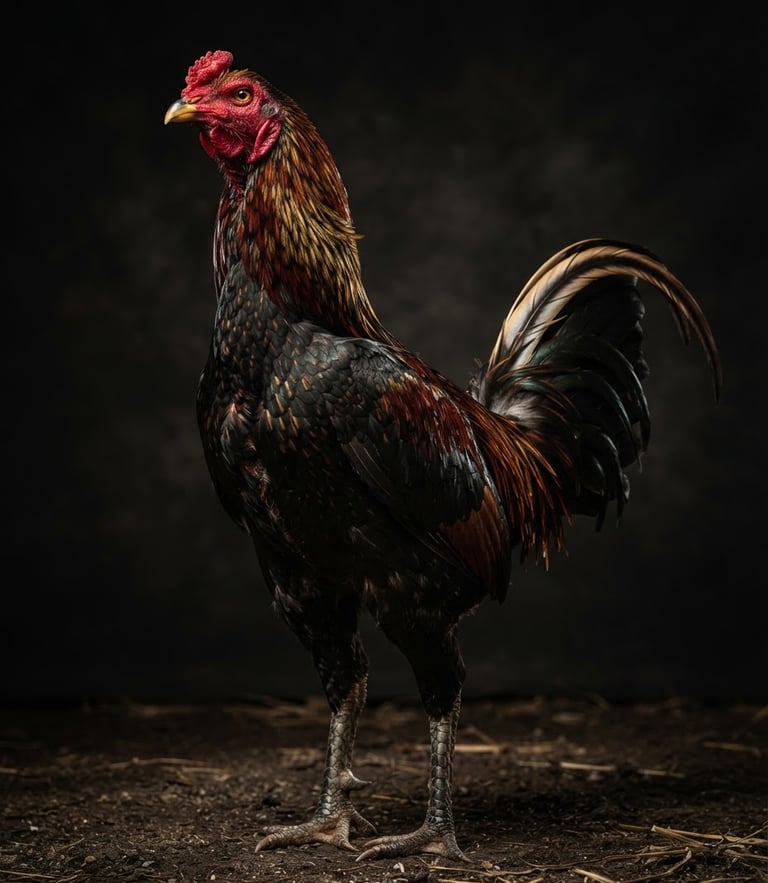 Dramatic studio photography of a majestic Pakhoy rooster standing tall, low angle, dark moody background, sharp rim lighting, rich gold and crimson tones, high-detail macro, 85mm lens