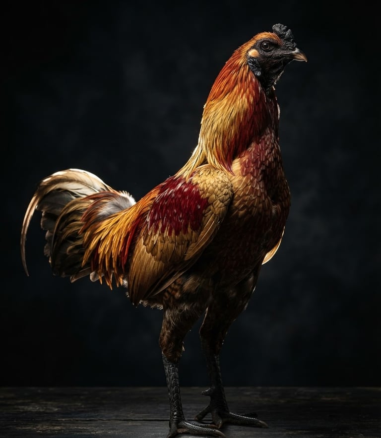 Dramatic studio photography of a majestic Pakhoy chicken, perfect upright posture, sharp rim lighting on gold and crimson feathers, dark moody background, high-detail macro, 85mm lens