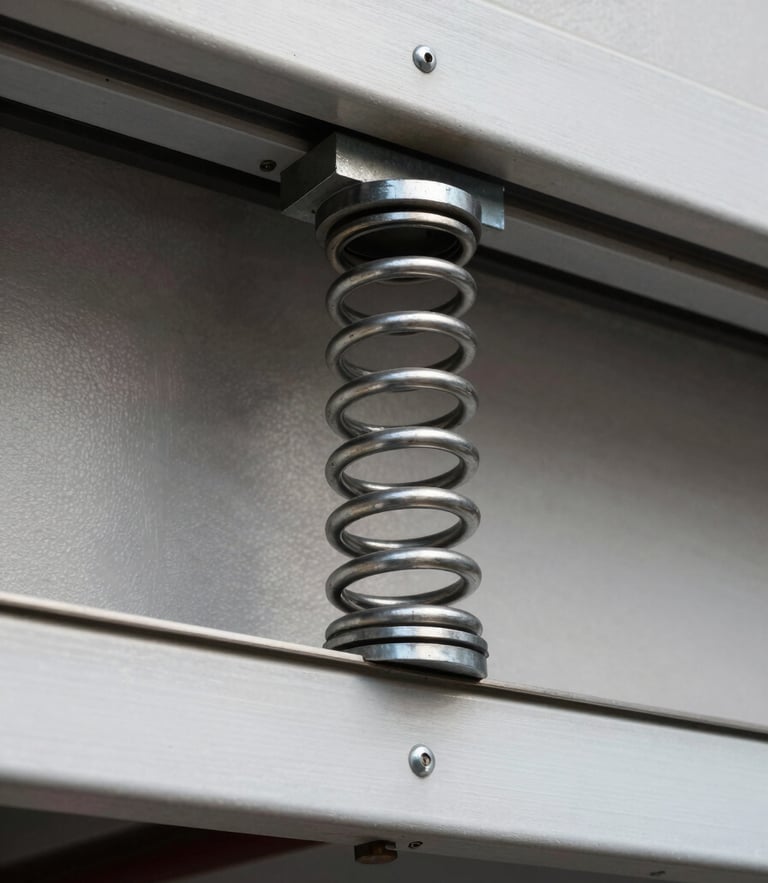 Straight-on architectural detail of a heavy-duty steel torsion spring mounted above a garage door frame, crisp daylight highlighting the metallic texture and precise coils, clean industrial aesthetic.