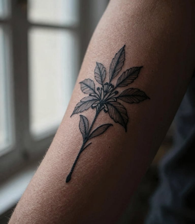 Macro photography of healed fine-line illustrative blackwork tattoo on an arm, soft directional window light, deep shadows, rich skin texture, 35mm.
