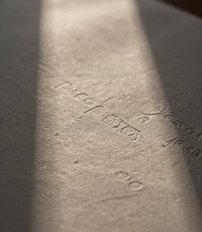 Macro photograph of heavy textured paper with deep letterpress indentation, soft directional window light casting long shadows across the tactile surface