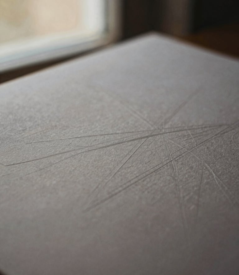 Macro close-up of heavy textured archival paper with blind-debossed geometric lines, soft directional window light, muted bronze tones, shallow depth of field, 35mm film