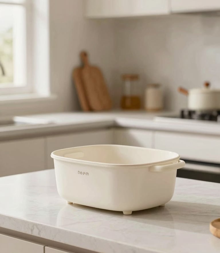 Bright clean product photography of a modern organized kitchen counter, soft daylight, warm neutral home background, sharp focus