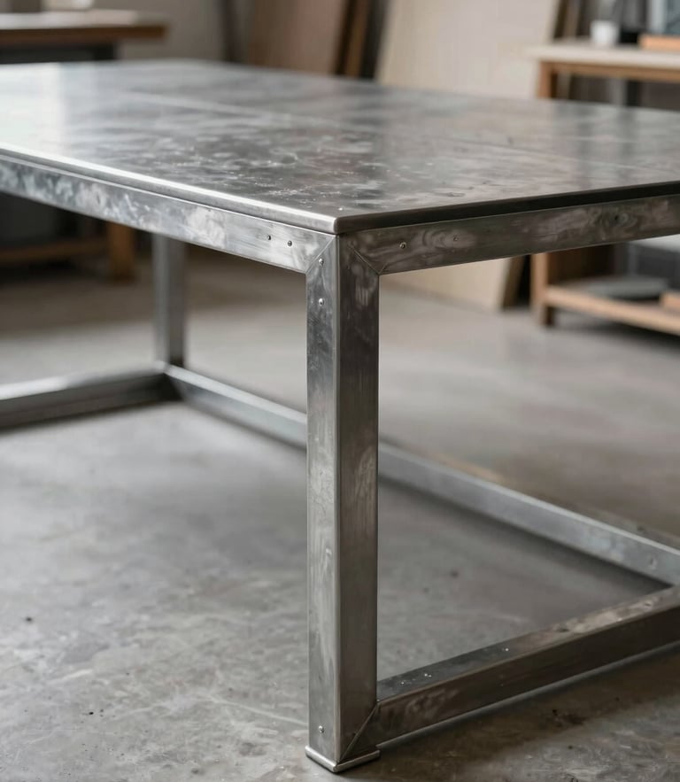 Bespoke steel dining table frame with clean joints in a bright architectural studio, raw metal texture