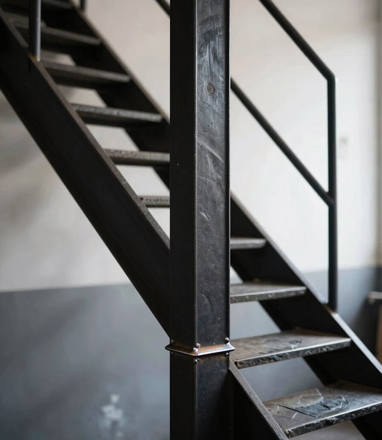 Detail of a heavy black steel staircase structure, industrial minimalist, sharp welds, dramatic natural light