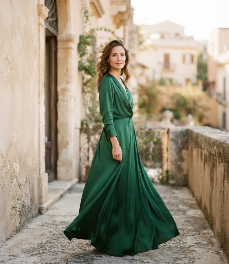 An elegant editorial portrait of a woman in a flowing emerald green silk dress, warm diffused natural light, soft beige architectural background, 35mm photography
