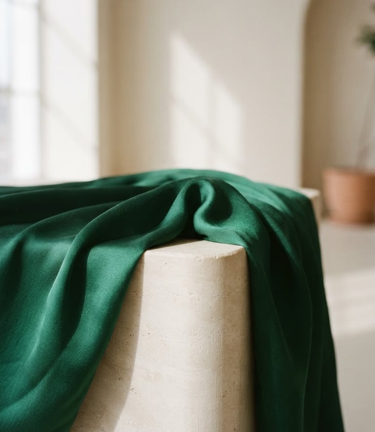 Close-up of emerald green silk fabric draped over a minimalist stone pedestal, soft morning light, architectural shadows, editorial fashion photography