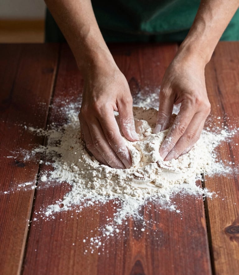 A close-up flat-lay of hands dusting flour over a rustic wooden table, soft north-facing daylight casting rich shadows, Scandinavian bakery style.