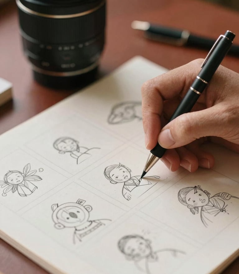 Close-up of hands sketching a storyboard on parchment paper, soft north-facing daylight, warm editorial style, 35mm lens