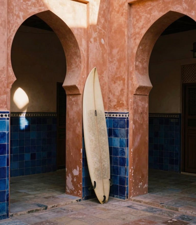 A quiet moment in a Moroccan riad courtyard, soft sunlight filtering through terracotta arches, a surfboard resting against a tiled wall, warm editorial photography, medium format film.