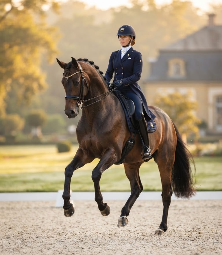 Elegant editorial photography of an elite warmblood horse in a precise dressage movement, soft morning light, shallow depth of field, 85mm lens