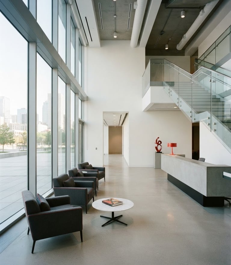 Minimalist corporate office lobby with clean architectural lines, bright natural daylight streaming through large windows, subtle red accents in the modern furniture, sharp focus, 35mm