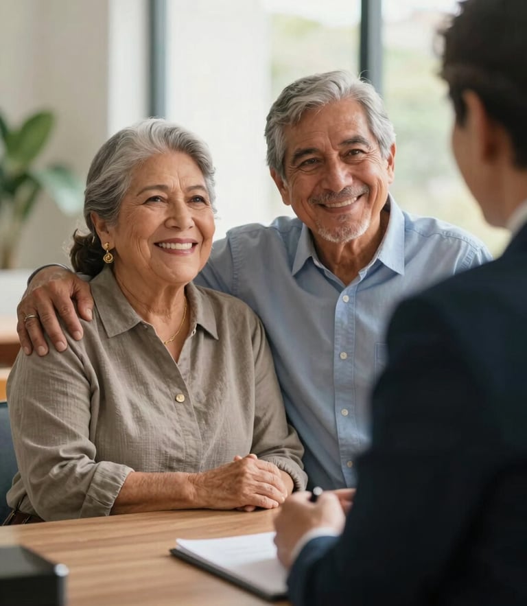 Medium shot of a dignified Mexican older couple smiling with relief, sitting in a warm, sunlit office across from a professional advisor, soft natural daylight, shallow depth of field.