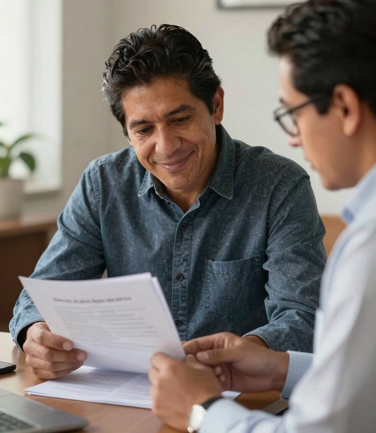 Plano medio de un pensionado mexicano sonriente revisando documentos impresos junto a un asesor profesional en una oficina iluminada por luz natural.