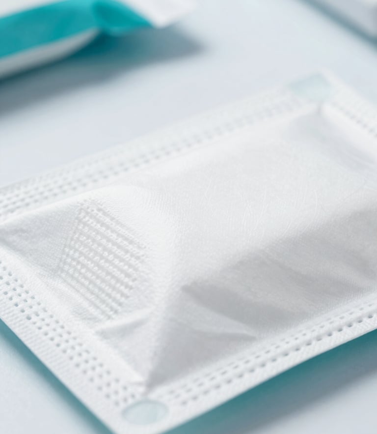 Macro close-up of high-quality medical disposables in sterile white packaging, bright clinical studio lighting, cool teal accents, sharp focus on product textures.