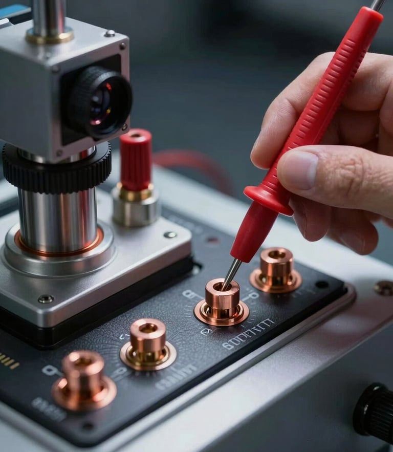 A close-up of a high-precision electrical testing rig with a digital multimeter probe touching a copper terminal, cool high-contrast studio lighting, serial numbers visible