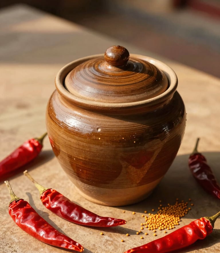 Overhead macro shot of a traditional ceramic martaban jar resting on a sun-drenched terrace, warm direct golden-hour sunlight casting sharp natural shadows of whole red chilies and mustard seeds.