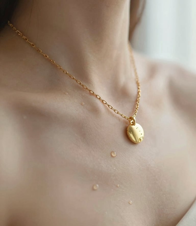 Macro photography of an 18K gold-plated chain draped over a collarbone, water droplets glistening on the metal, soft morning light.
