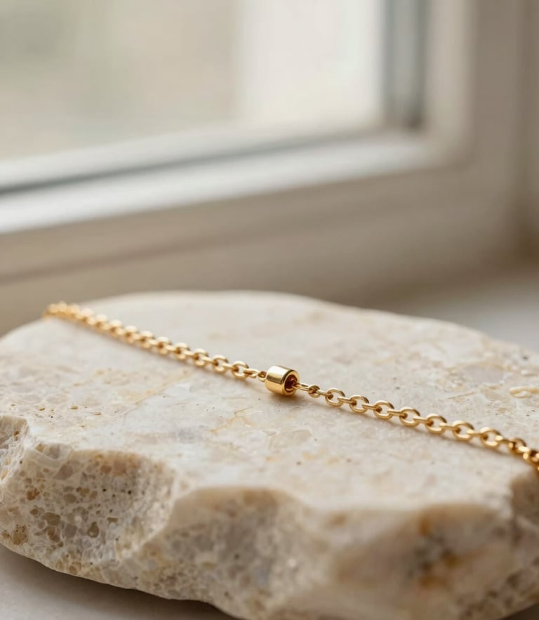 Macro photograph of a delicate 18K gold chain draped over a smooth travertine stone, soft morning window light, warm cream tones.