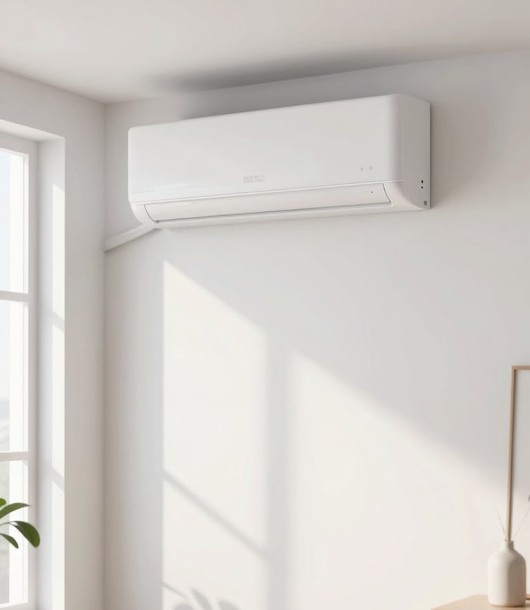 Bright minimalist French apartment living room, sleek white modern air conditioning unit on the wall, soft natural daylight, crisp details, 35mm