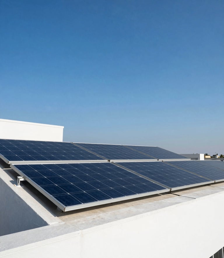 Crisp architectural photography of a modern Lucknow rooftop with clean monocrystalline solar panels catching bright, direct sunlight under a deep blue sky.