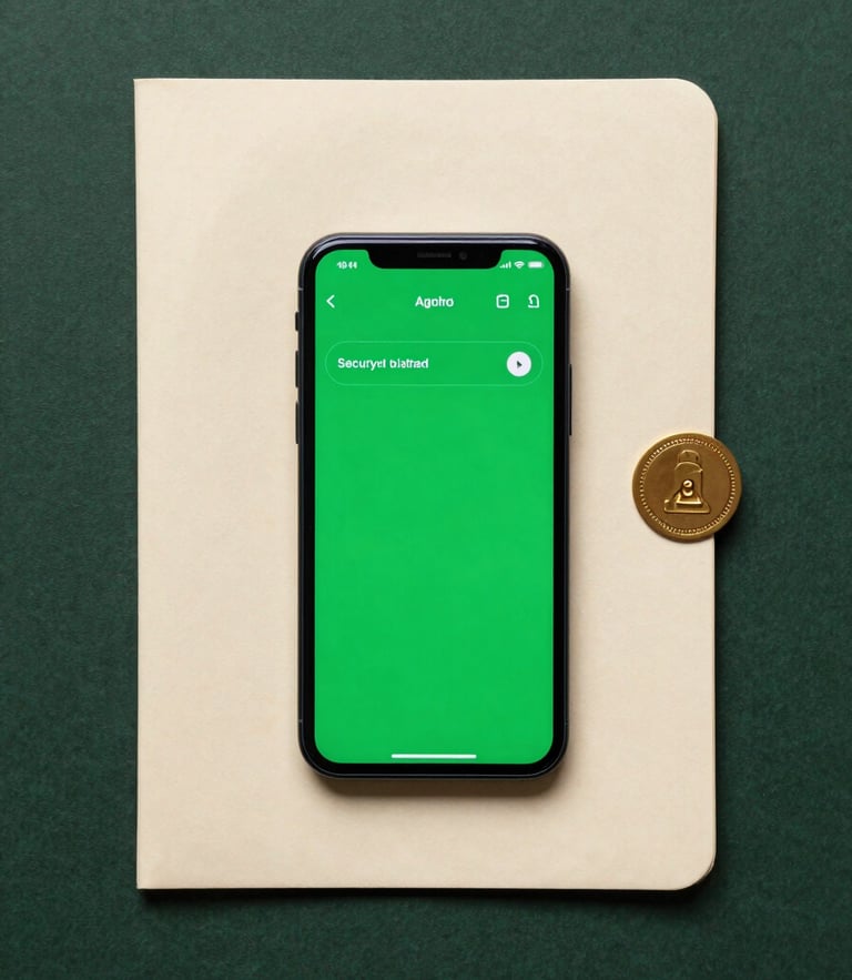 Symmetrical flat-lay of a modern Android smartphone displaying a green secure transaction interface, resting inside an official cream-colored folder with a gold seal on a dark green background.